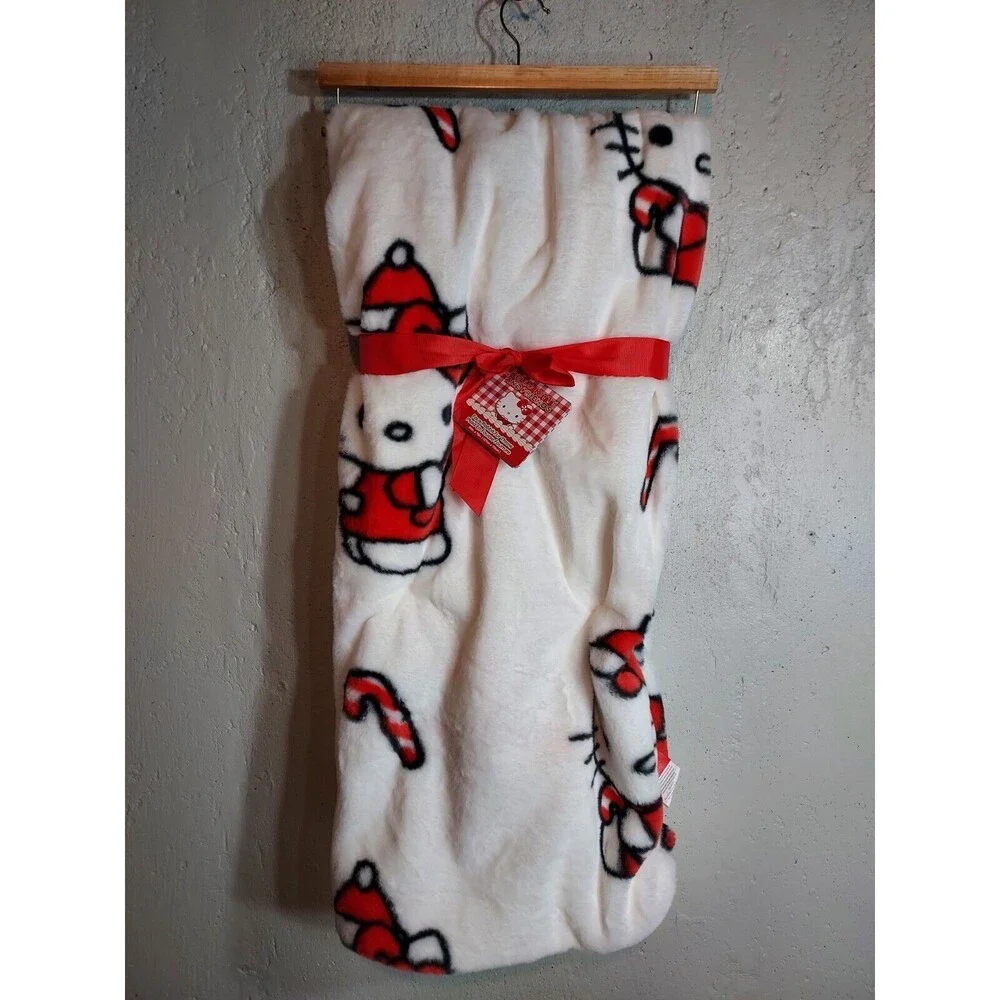 Hello‎ Kitty Faux Rabbit Fur Throw Blanket Christmas Candy Cane White 50x70 NWT